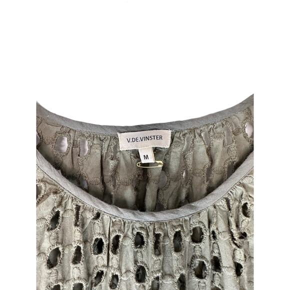 V.DE. Vinster Olive Green Boho Cottage Shiffli Eyelet Midi Dress Size Medium - Picture 4 of 10